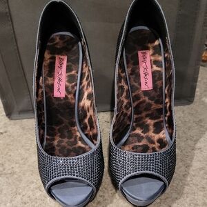 Betsey Johnson Slate Blue Rhinestone Peep Toe Heels